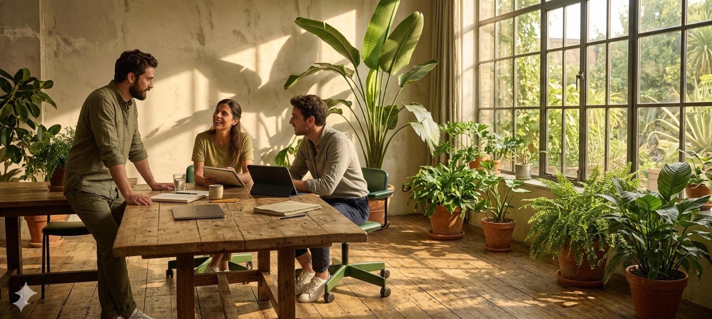 Three colleagues meeting around a wooden table in a sunlit, plant-filled room