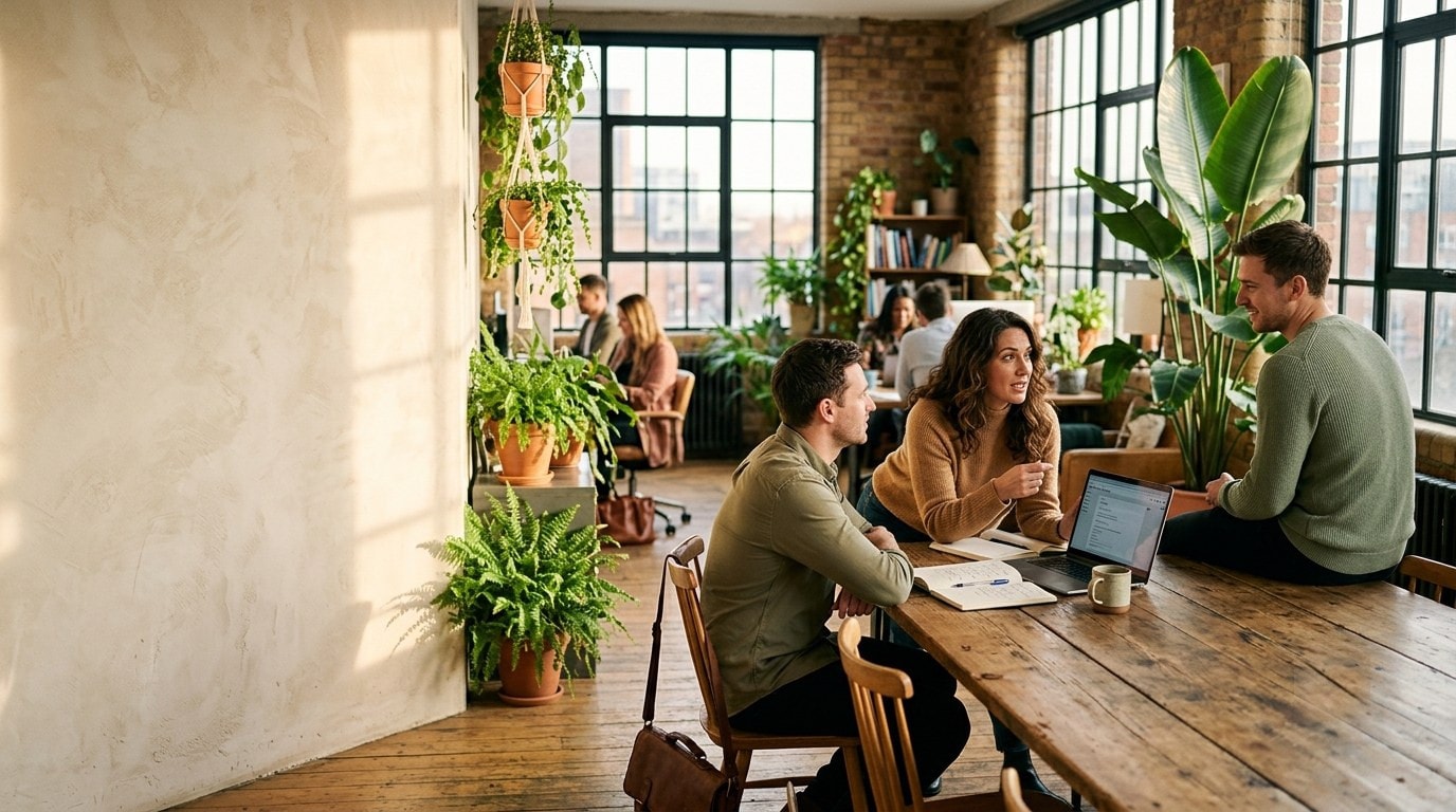 Three colleagues talking around a long wooden table in a sunlit agency office