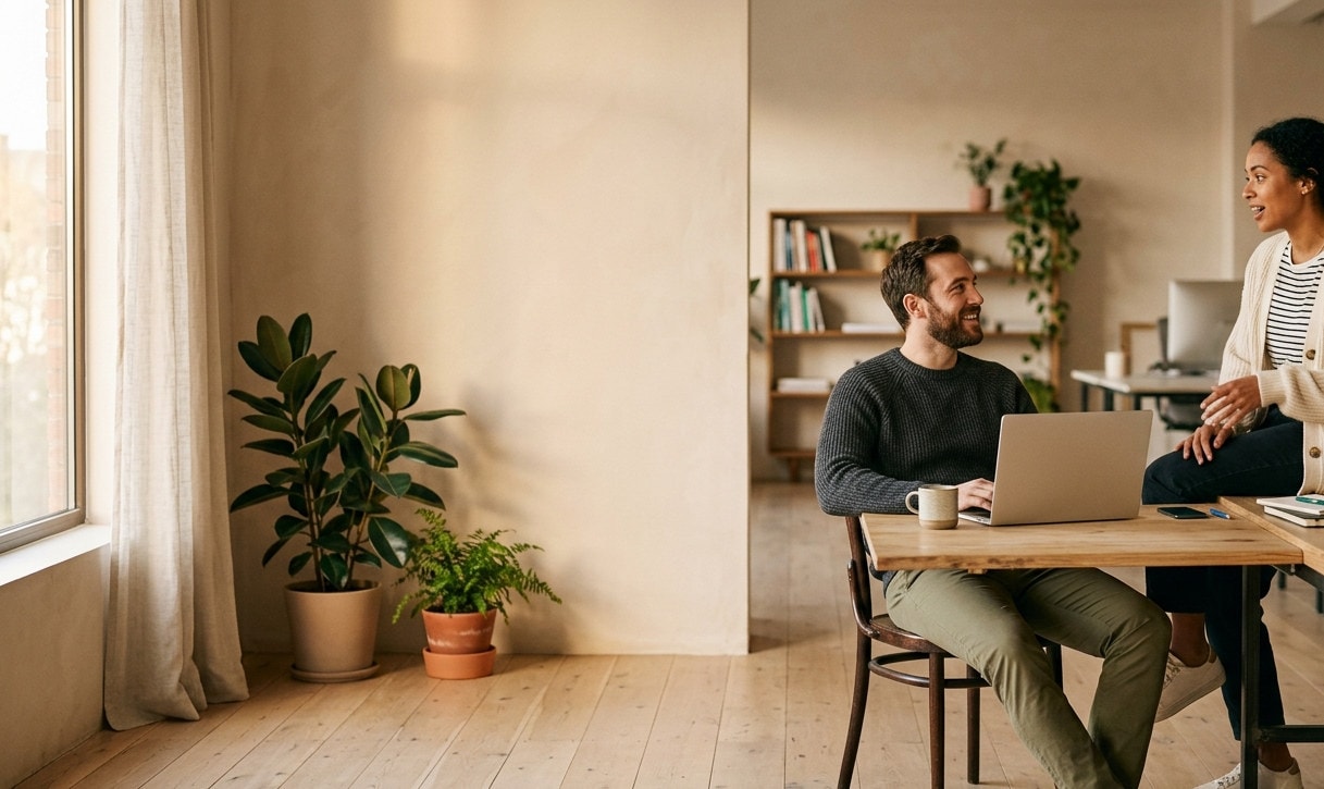 Two colleagues talking in an unhurried moment at a sunlit desk, plants and window light around them