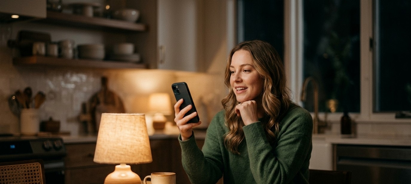 A woman at her kitchen table at night, lamp-lit, answering an interview question on her phone