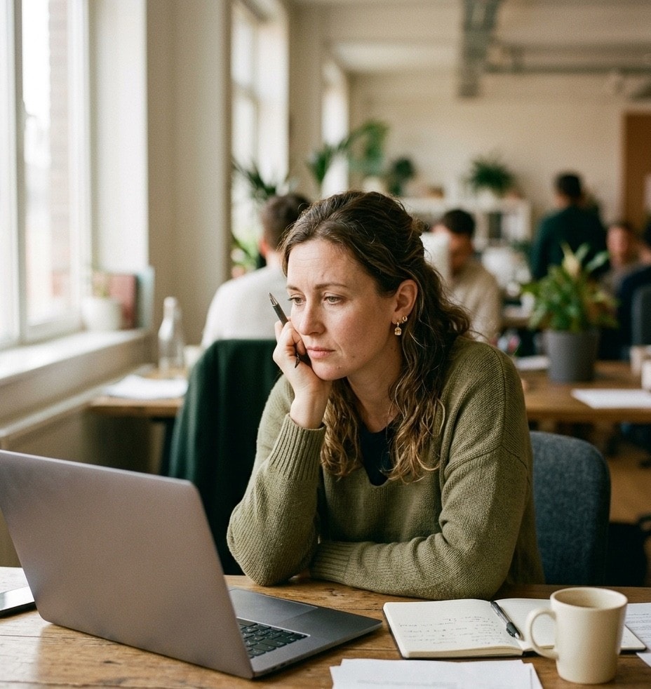 A recruiter at a laptop in warm window light, a notebook and printed applications spread across the desk beside her