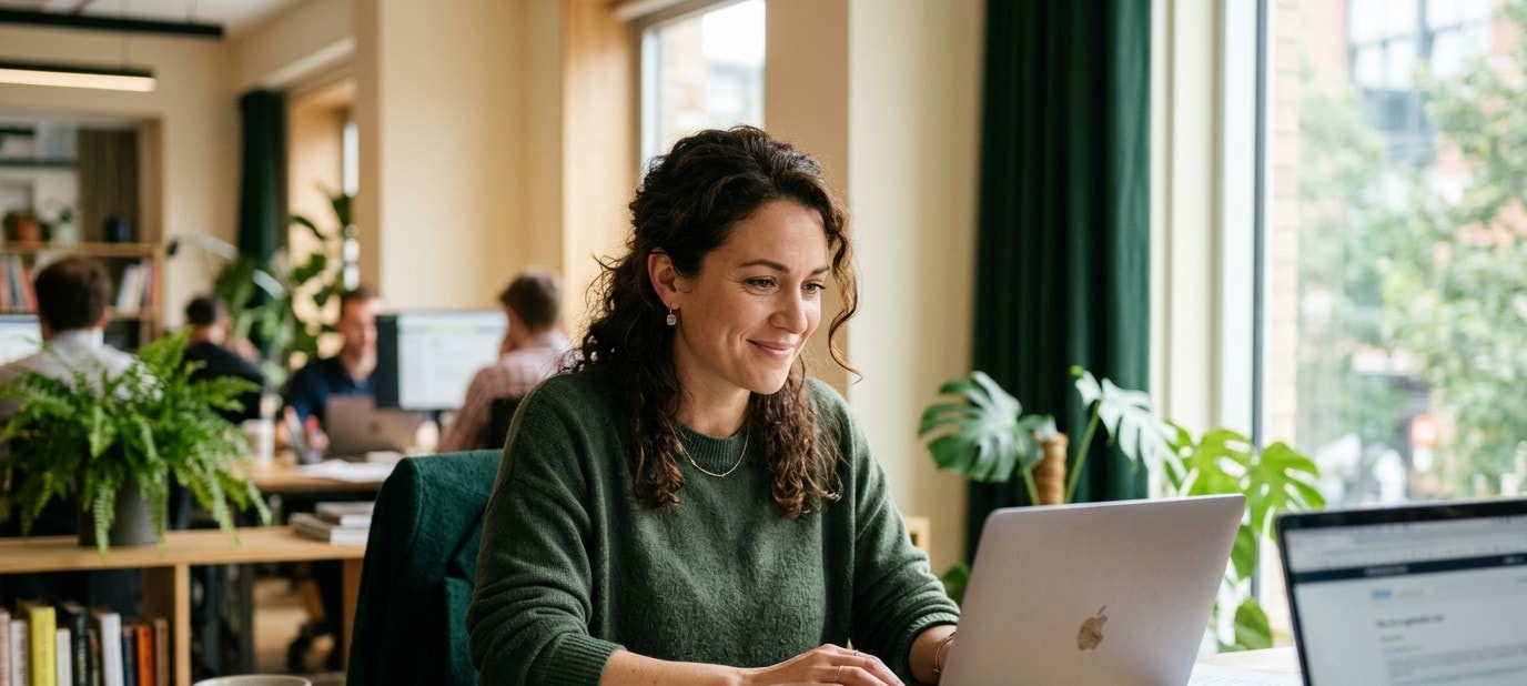 A recruiter at her desk in a bright office, looking at her laptop with a notebook and papers beside her