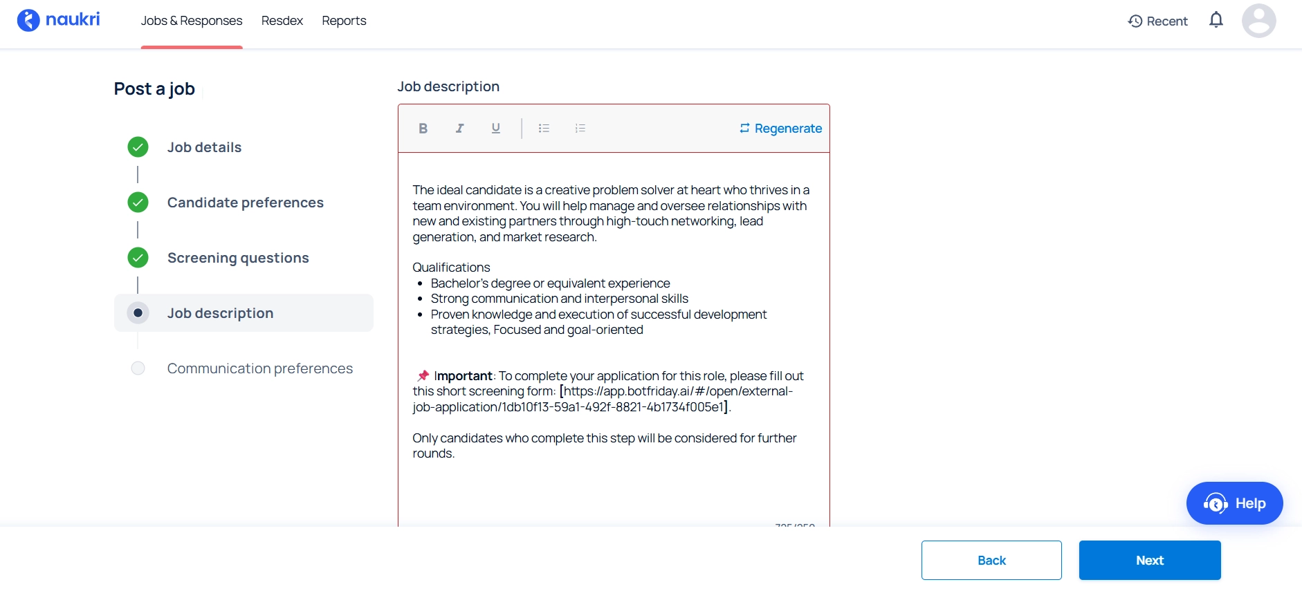 Naukri Post a job JD section with the pre-screening link pasted at the bottom