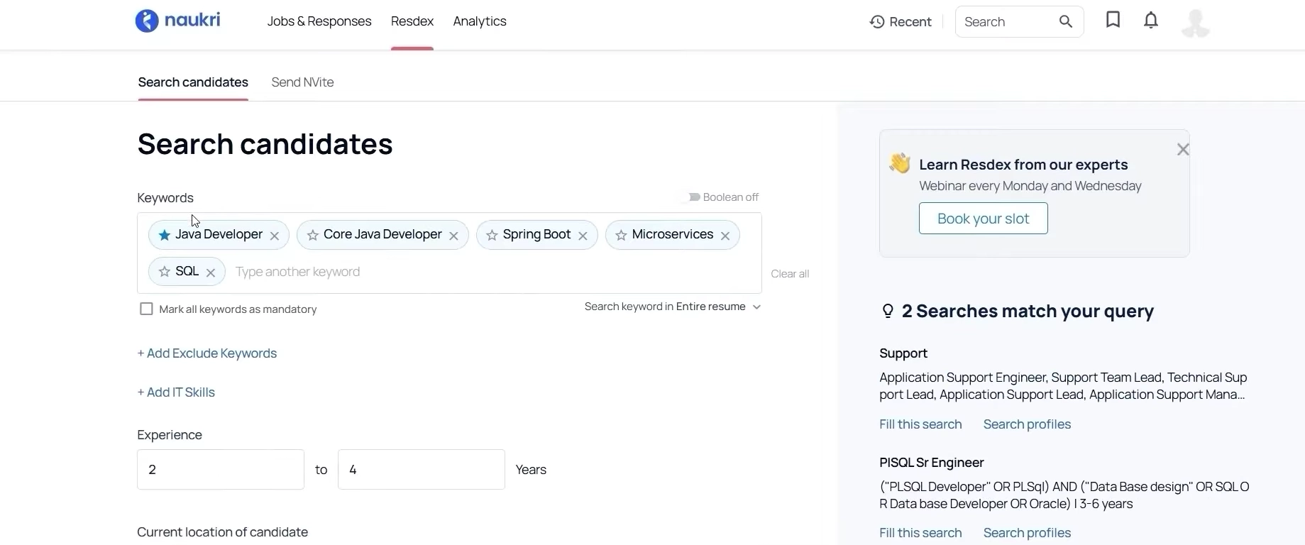 Naukri Resdex search filters used to screen candidates with AI