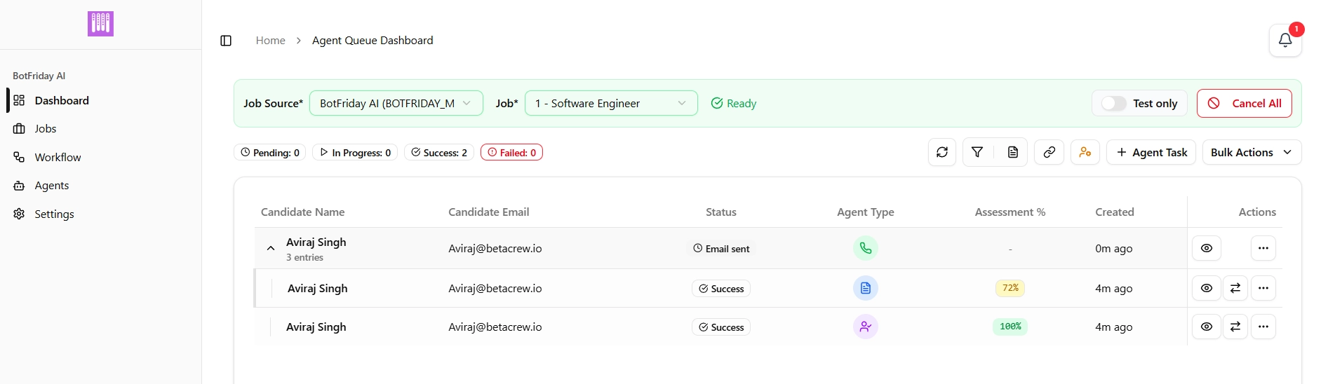 BotFriday AI dashboard showing candidates progressing through pre-screening, resume screening, and telephonic interview stages